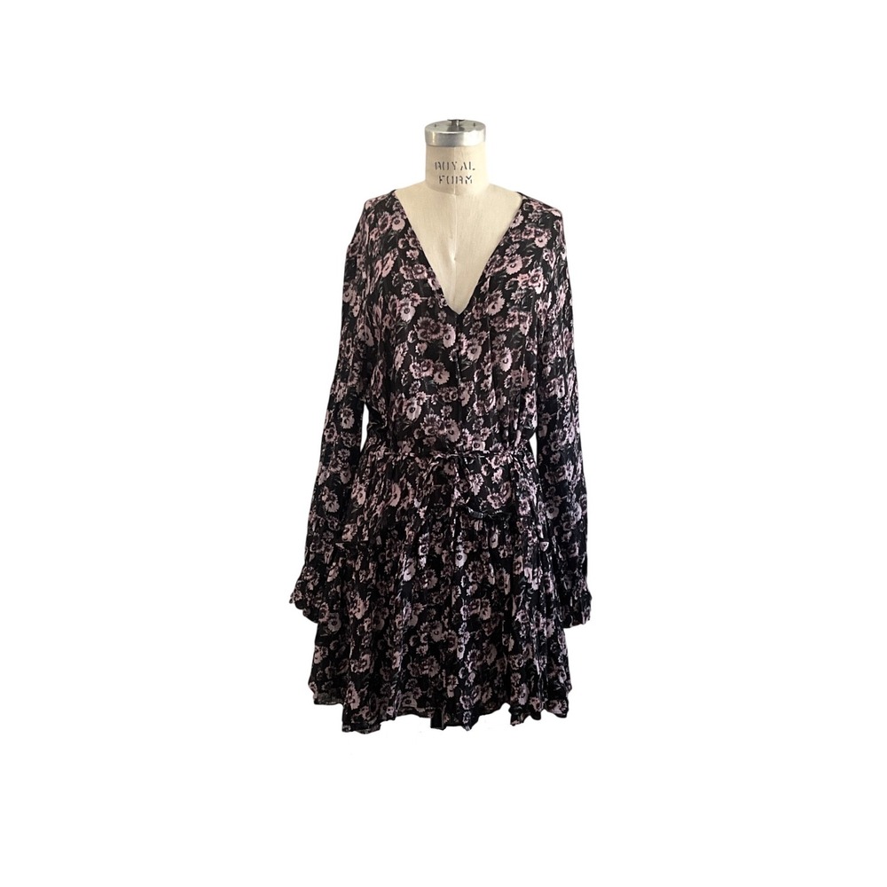 AllSaints Floral Mini Dress Black Pink Boho Long Sleeve Tie Waist Womens Size L